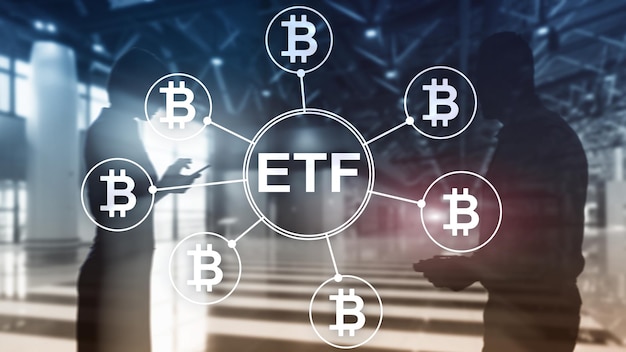 Bitcoin ETF-Kryptowährungshandels- und Anlagekonzept auf Doppelbelichtungshintergrund