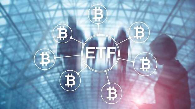 Bitcoin ETF-Kryptowährungshandels- und Anlagekonzept auf Doppelbelichtungshintergrund