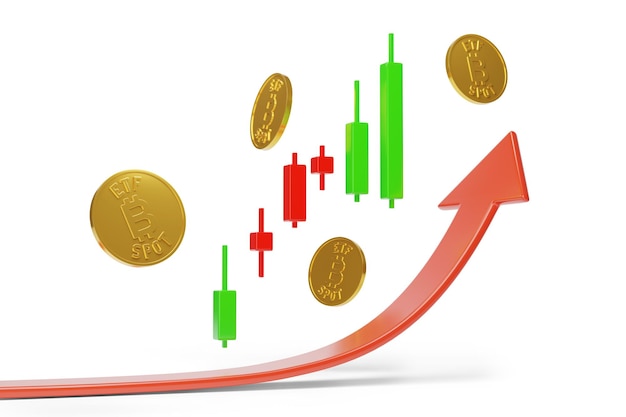 Bitcoin ETF Spot con gráfico de vela y flecha de crecimiento aislados en fondo blanco