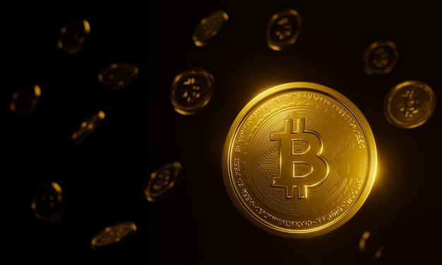 Bitcoin fällt Goldmünze mit Kryptowährung oder Wechselkurs-Symbol Kryptowährungen für den Handel in Wirtschaft und Technologie Goldlicht reflektiert sich von Münze auf schwarzem Hintergrund 3D-Rendering