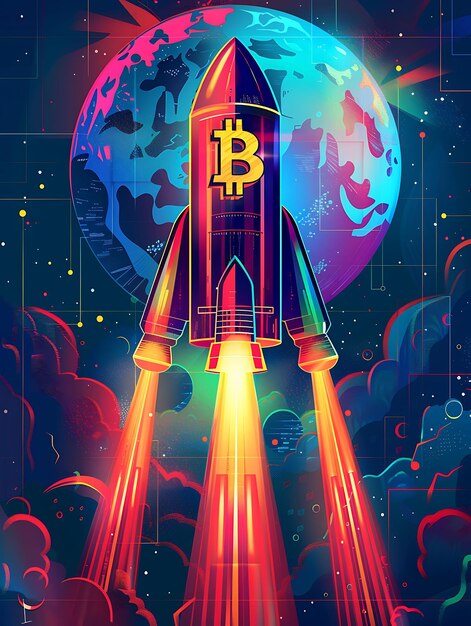 Bitcoin foguetes para a Lua em um fundo espacial futurista Ilustração criptomoeda Backgroundd