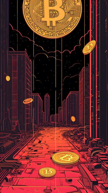 Foto bitcoin en el fondo de la ciudad nocturna ilustración vectorial en estilo retromáquina de minería de bitcoinascendencia un paisaje urbano de neón iluminado por criptomoneda