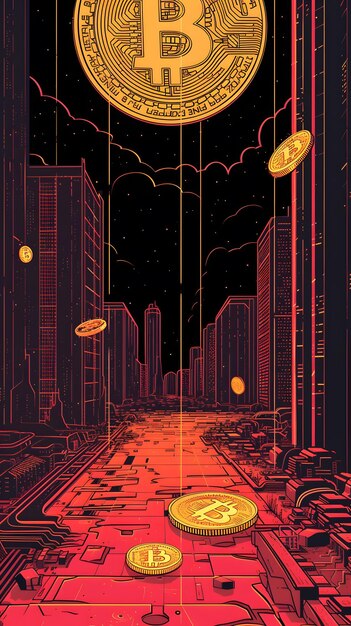 Bitcoin en el fondo de la ciudad nocturna Ilustración vectorial en estilo retroMáquina de minería de BitcoinAscendencia Un paisaje urbano de neón iluminado por criptomoneda