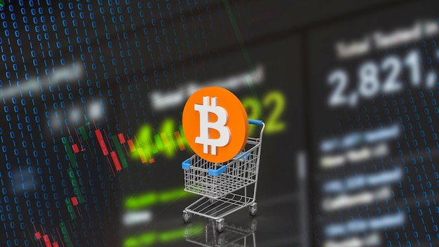 El bitcoin en el fondo comercial del carrito de compras para el concepto de criptomoneda representación 3d