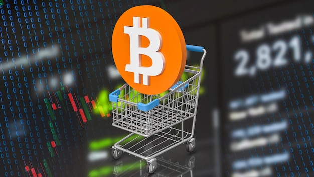 El bitcoin en el fondo comercial del carrito de compras para el concepto de criptomoneda representación 3d