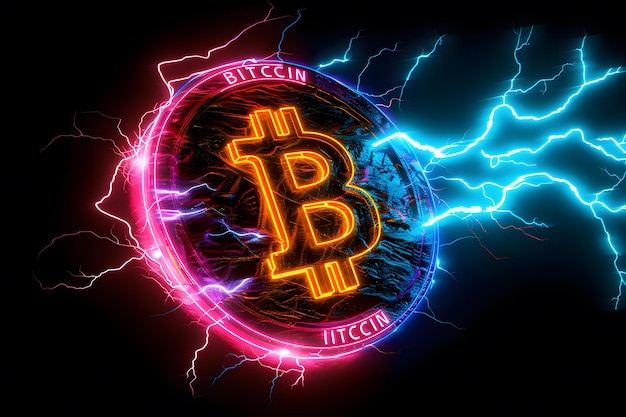 Bitcoin en el fondo del rayo Concepto de criptomoneda Ilustración vectorial Bitcoin iluminado en medio de una tormenta eléctrica