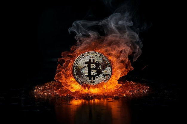 Bitcoin y fuego sobre fondo negro