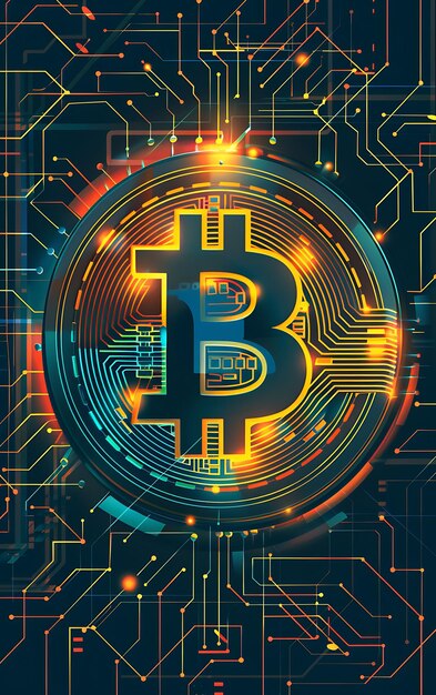 Bitcoin fundido com elementos de tecnologia e inovação Ilustração de símbolos de criptomoeda