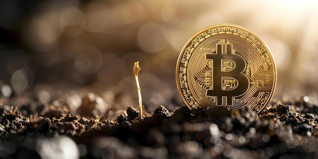 Bitcoin germinando simbolizando crescimento de investimento emergindo em solo fértil conceito de financiamento Bitcoin crescimento de investimento solo