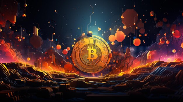 Bitcoin Gold blockchain concepto de bifurcación dura Símbolo de criptomoneda en ilustración de tormenta con peer to