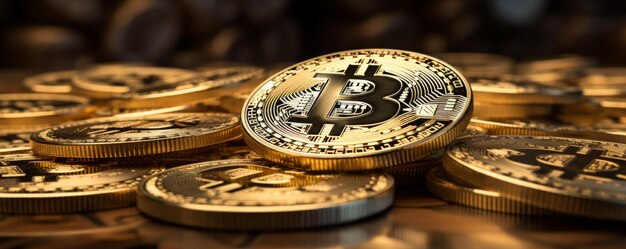 Bitcoin-Gold-Close-up mit Gold-Hintergrund BTC-Kryptowährungs-Austausch