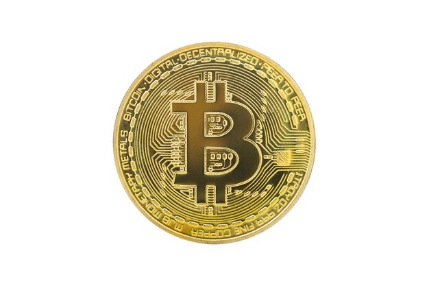 Bitcoin Golden bitcoin uma moeda digital opera em um sistema descentralizado com transações registradas e novas unidades criadas sem autoridade central Isolado em fundo branco
