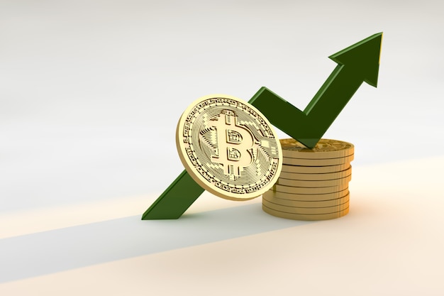 Bitcoin y gráfico flecha hacia arriba y concepto de finanzas e inversión. Render 3D