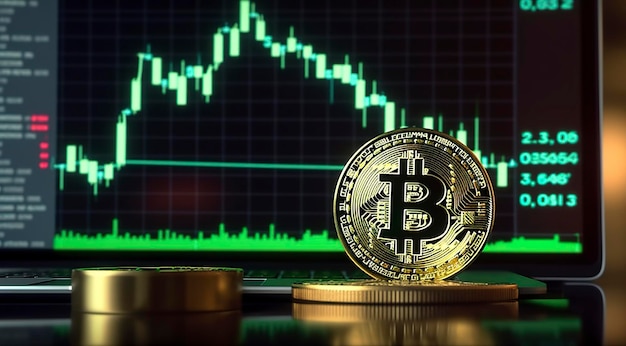 Bitcoin con gráfico verde en el fondo de la pantalla de la computadora Comercio de divisas criptográficas AI generativo