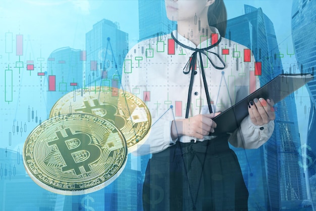 Bitcoin-GrafikenKryptowährungs-Finanzdiagramme und digitales virtuelles Währungskonzept für Geschäftsfrauen