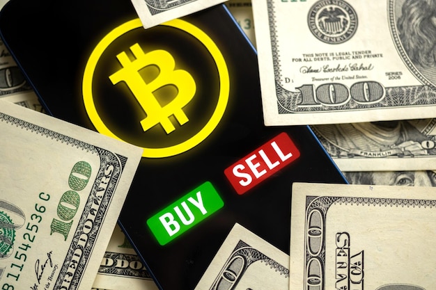 Bitcoin-Handelskonzept Handy-Anwendung für Kryptowährung Kaufen und verkaufen Sie neues virtuelles Geld Geld-Dollar-Hintergrundfoto für Finanzinvestitionen