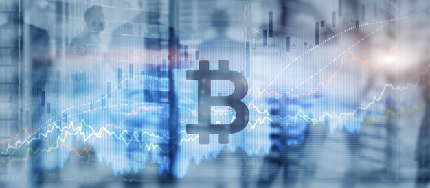 Bitcoin-Ikone gemischte Medien Kryptowährungskonzept mit doppelter Exposition