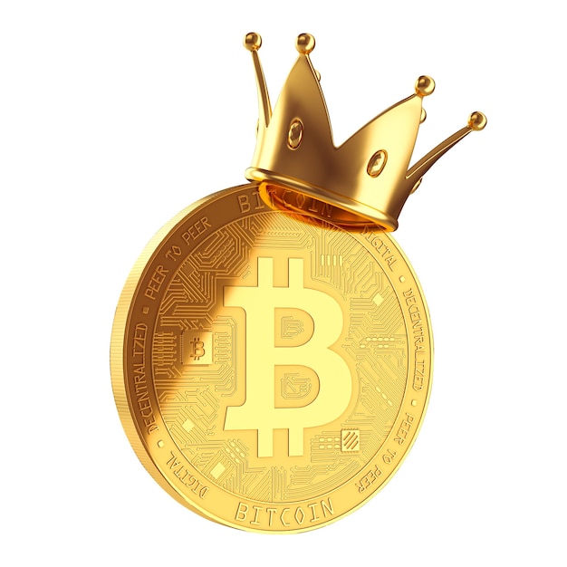 Bitcoin en la ilustración de render 3d de corona de oro