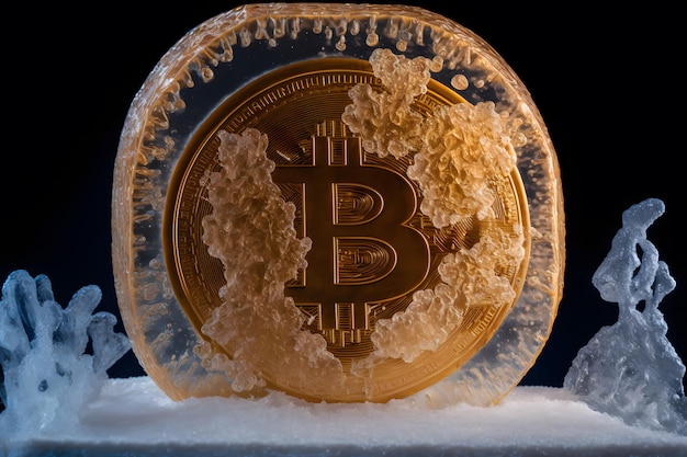 Bitcoin im Eiswürfel eingefroren Bitcoin-Preiskrisenkonzept Neuronales Netzwerk generierte Kunst