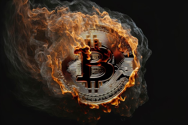 Bitcoin in Flammen mit dunklem Hintergrund AIGerated