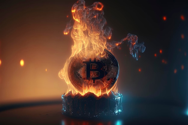 Bitcoin in Flammen mit dunklem Hintergrund AIGerated