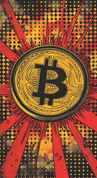 Bitcoin integrado en un libro de cómics estilo Ilustración del símbolo Ilustración de criptomoneda Fondo