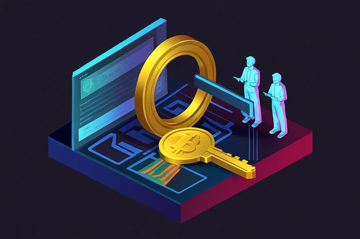 Foto bitcoin isométrico 3d plano con clave privada y escaneo de huellas dactilares
