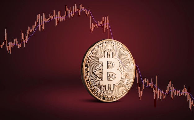Bitcoin-Kryptowährungsmünze auf den Kopf gestellt, wenn der Bitcoin-Preisabsturz nach unten fällt, Preis