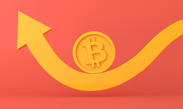 Bitcoin-Kryptowährungsmünze auf einem Aufwärtstrendpfeil. 3D-Rendering.