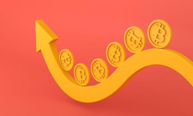 Foto bitcoin-kryptowährungsmünze auf einem aufwärtstrendpfeil. 3d-rendering.