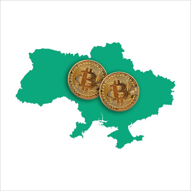 Bitcoin-Kryptowährungsmünze auf einer Karte der Ukraine