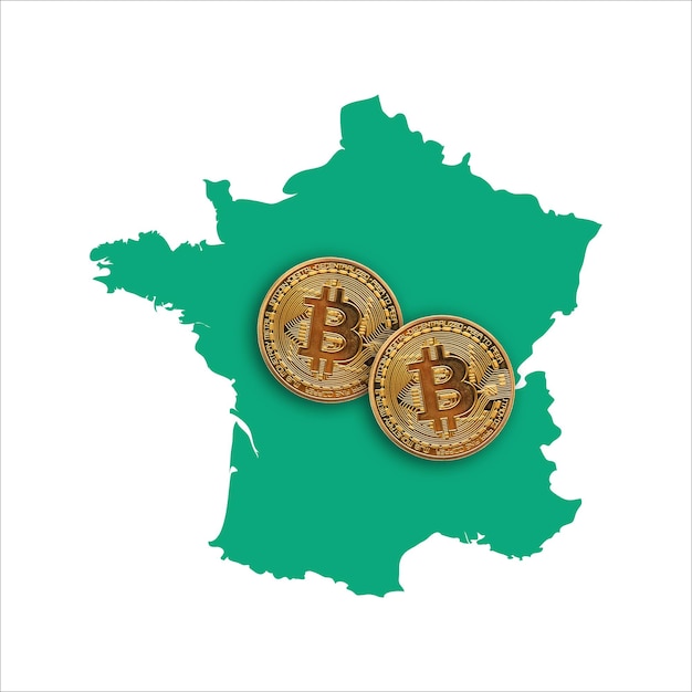 Bitcoin-Kryptowährungsmünze auf einer Karte von Frankreich