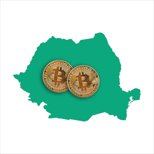 Bitcoin-Kryptowährungsmünze auf einer Karte von Rumänien