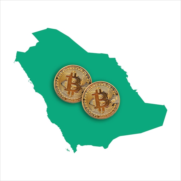 Bitcoin-Kryptowährungsmünze auf einer Karte von Saudi-Arabien