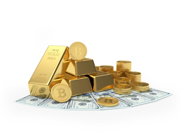 Bitcoin con lingotes de oro y monedas en billetes de dólar