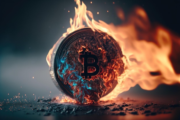 Un bitcoin en llamas con un bitcoin en el medio de la IA generativa