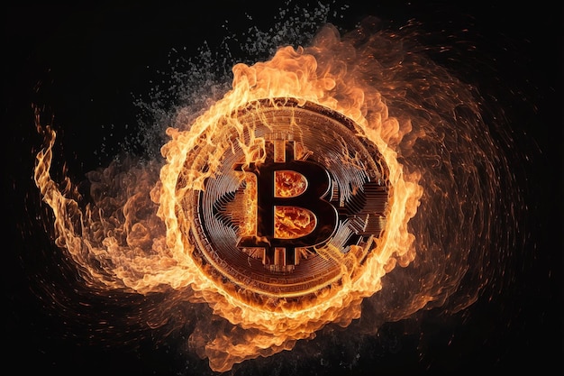 Bitcoin lodert, die helle Flamme repräsentiert die unwiderstehliche Kraft von Bitcoin, als es die Geschichte der Kryptowährung, Symbol des Fortschritts, Maklerkonto, Remote-Einnahmen, KI begann