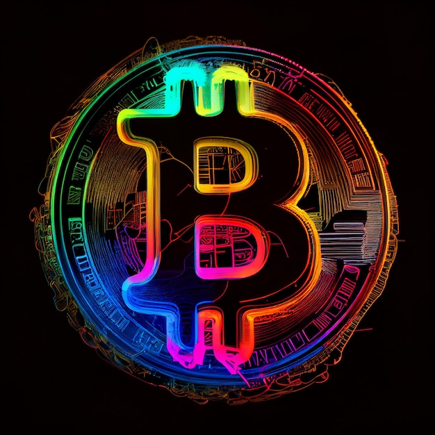 Bitcoin logo letrero de neón símbolo de bitcoin con fondo de papel tapiz de luces de neón