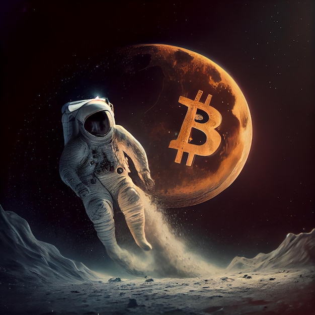 Bitcoin a la luna logotipo de bitcoin en fondo de ilustración de luna llena