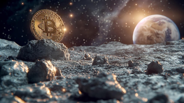 Bitcoin a la Luna Tierra en el fondo