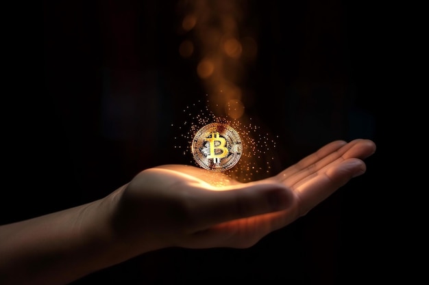 Bitcoin magisch leuchtendes Licht, das über einer Geste schwebt Hand Hintergrund Geldhandel am Devisenmarkt Generative KI