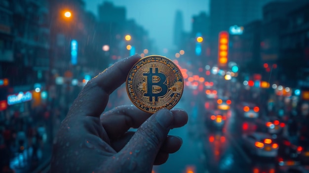 Bitcoin en la mano contra el concepto de criptomoneda de Cityscape