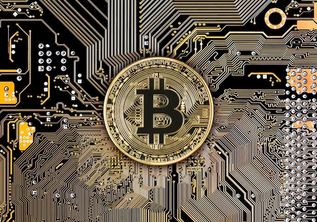 Bitcoin-Mining-Konzept der Blockchain-Technologie Bitcoin-Münze der Kryptowährung auf schwarzer Platine