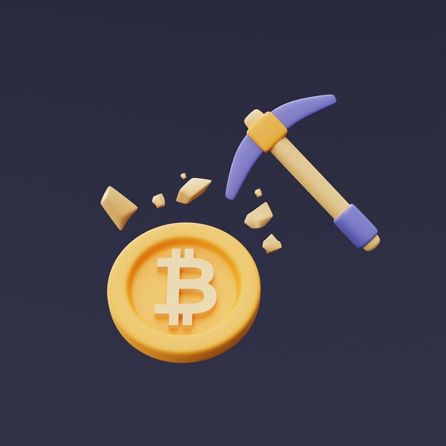 Bitcoin-Mining-Konzept mit Spitzhacke und goldener Bitcoin-MünzeKryptowährungBlockchain-TechnologieMinimaler Stil3D-Rendering