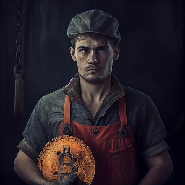 Bitcoin-Mining-Miner- oder Minenarbeiter-Porträt mit Bitcoin-Münzen-Mining-Kryptos