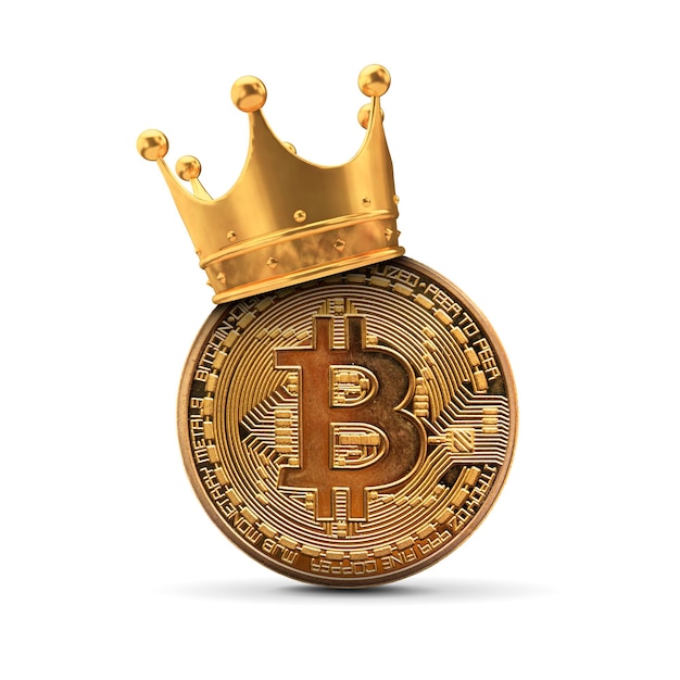 Bitcoin mit goldener Krone. Konzept des Kryptowährungskönigs. 3D-Rendering.