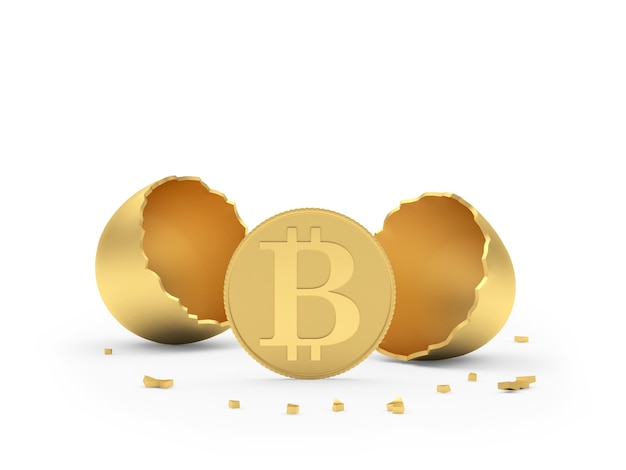 Bitcoin mit goldener zerbrochener Eierschale 3d