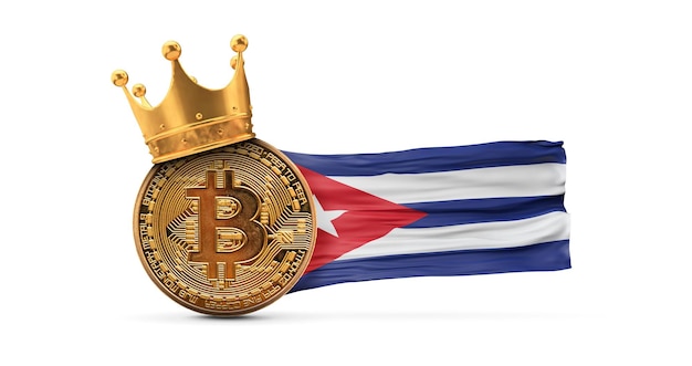 Bitcoin mit goldkrone und kuba-flagge kryptowährungskönigskonzept d-rendering