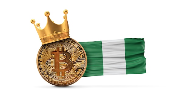Bitcoin mit goldkrone und nigerianischer flagge kryptowährung könig konzept d-rendering