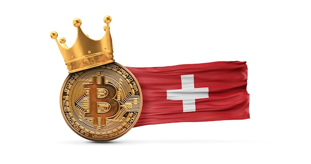 Bitcoin mit goldkrone und schweizer flagge kryptowährungskönig konzept d-rendering